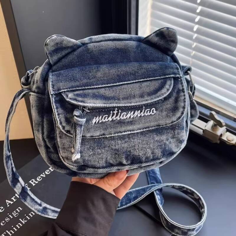 New Cute Cat Ears Denim Mini Crossbody Bag Women Casual Simple Shoulder Bag Fun Coin Pouch Travel Outdoor Y2K Small Wallet Purse