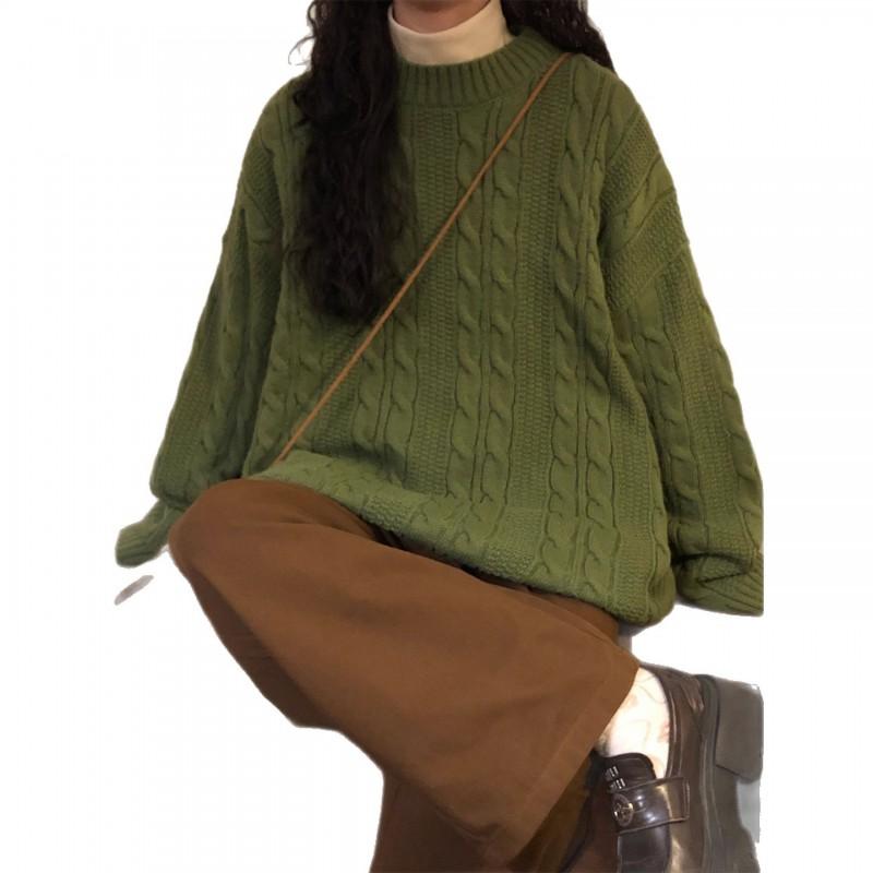 Vintage American Style Braided Knit Sweater Loose Fit Round Neck Pullover Teens