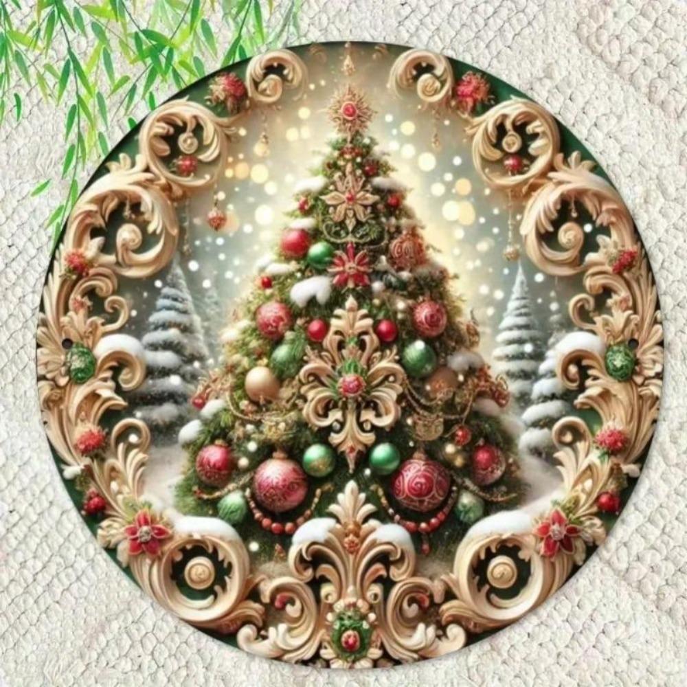Metal Wall Art Christmas Tree Sign Round Farmhouse Decor Holiday Gift