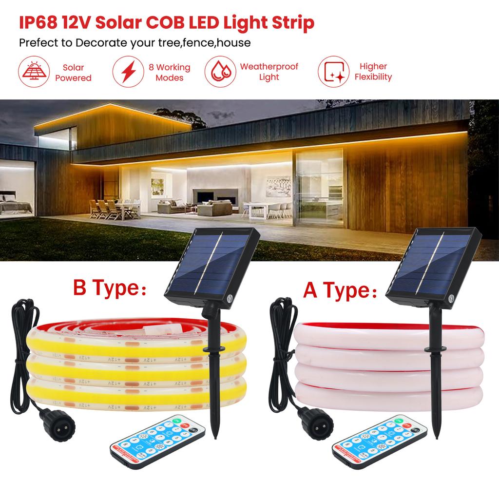 IP68 Waterproof Solar COB LED Strip Light 12V Dimmable Flexible Tape with Remote for Indoor Outdoor Decor