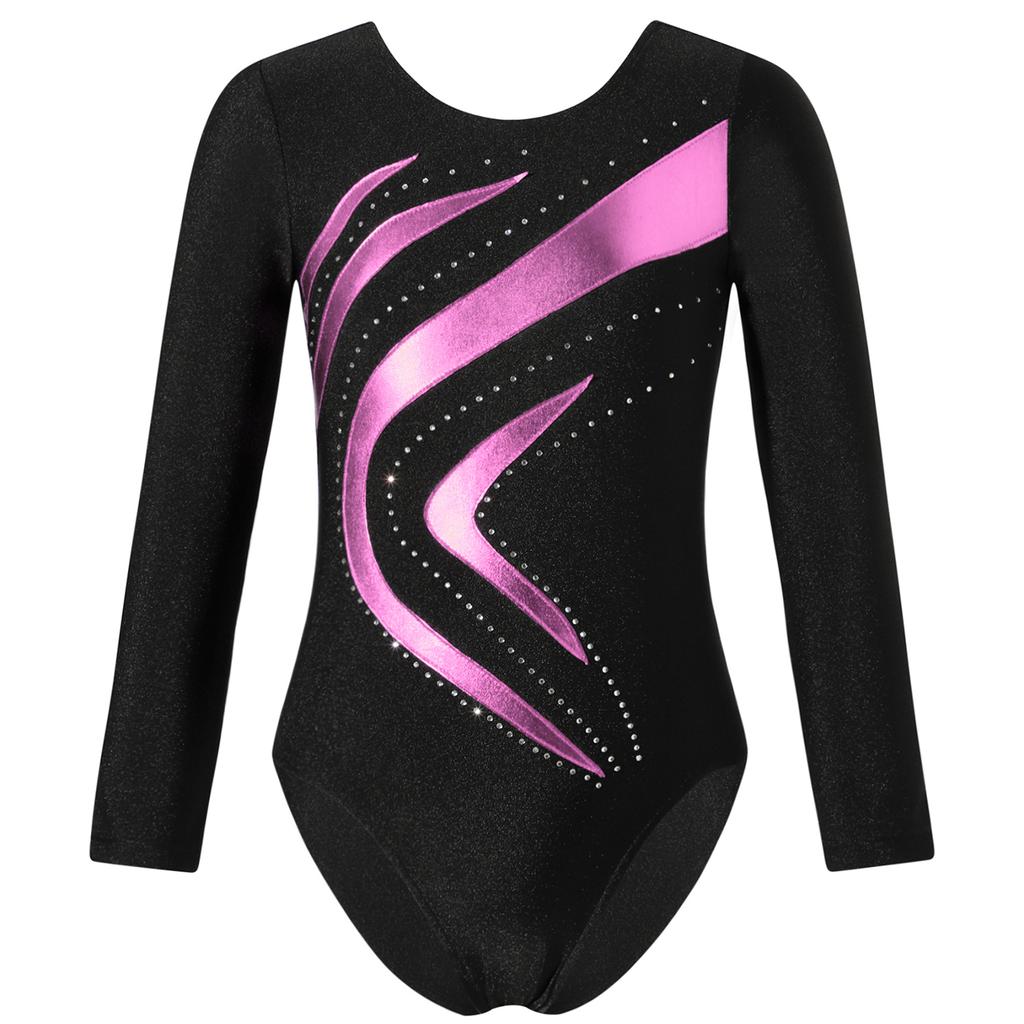 Girls Long Sleeve Round Neckline Shiny Rhinestone Bronzing Cloth Patchwork Slim Fit Dance Leotard
