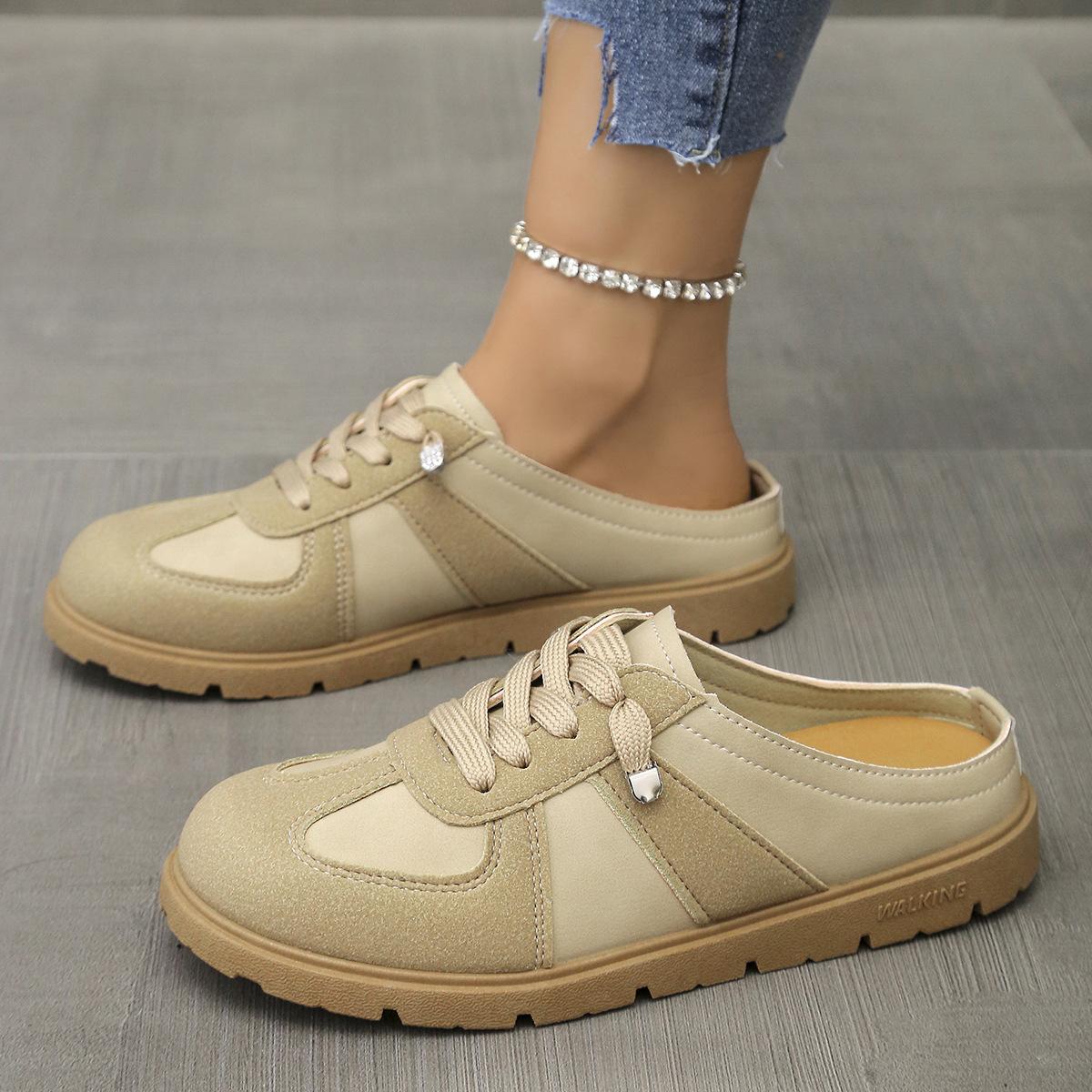 

Большие размеры, женские туфли на одной педали, со шнуровкой и полуторослойным плетением, весна и осень 2025 г., легкие, простые и универсальные, женские тапочки-мешки 36 хаки