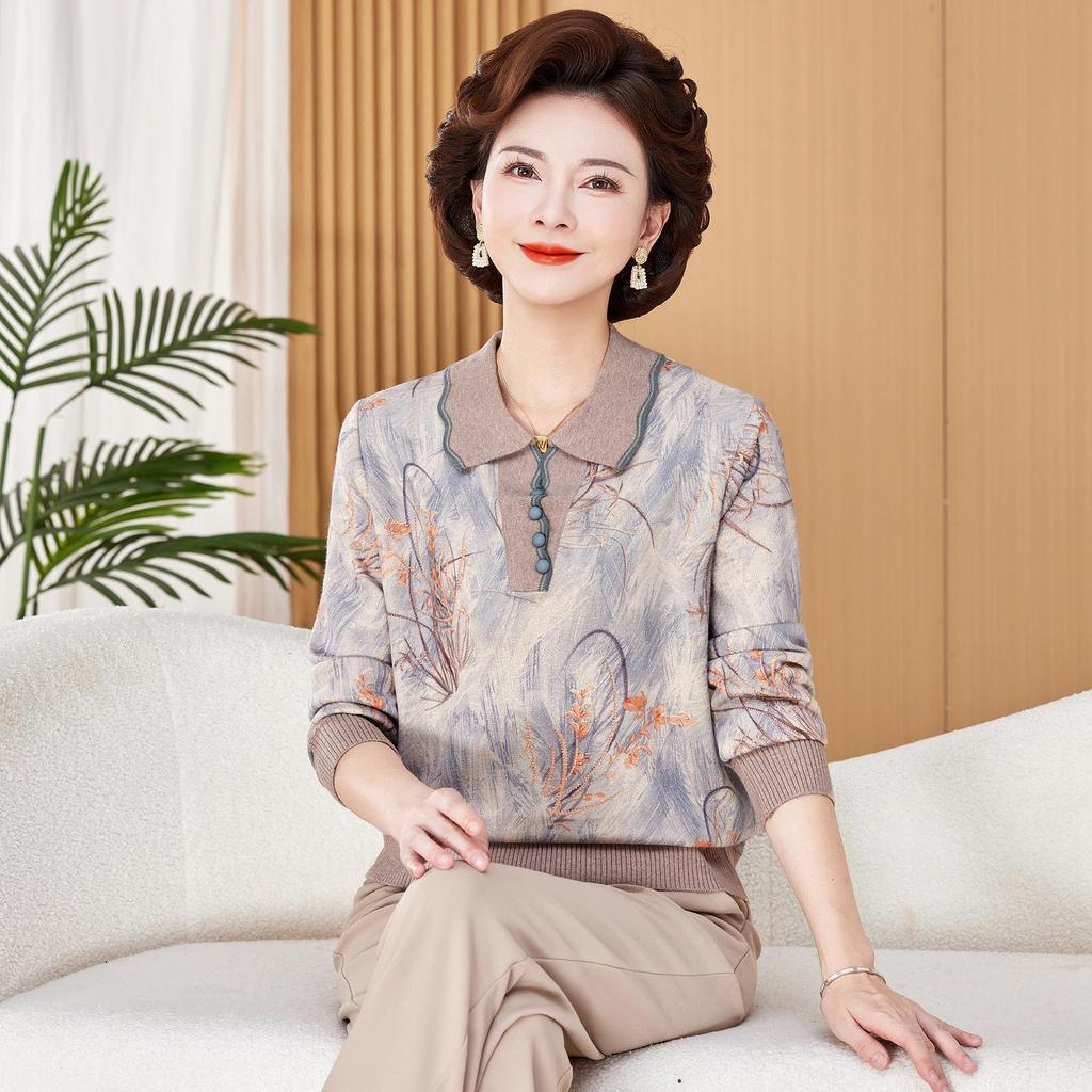 Mother's Spring Long-Sleeve Lapel Top for Middle-Aged Women in 50s-60s