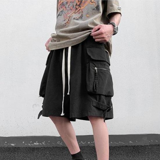 Men Cargo Shorts Elastic Waist Adjustable Drawstring Sport Shorts with Multi Pockets Wide Leg Casual Shorts