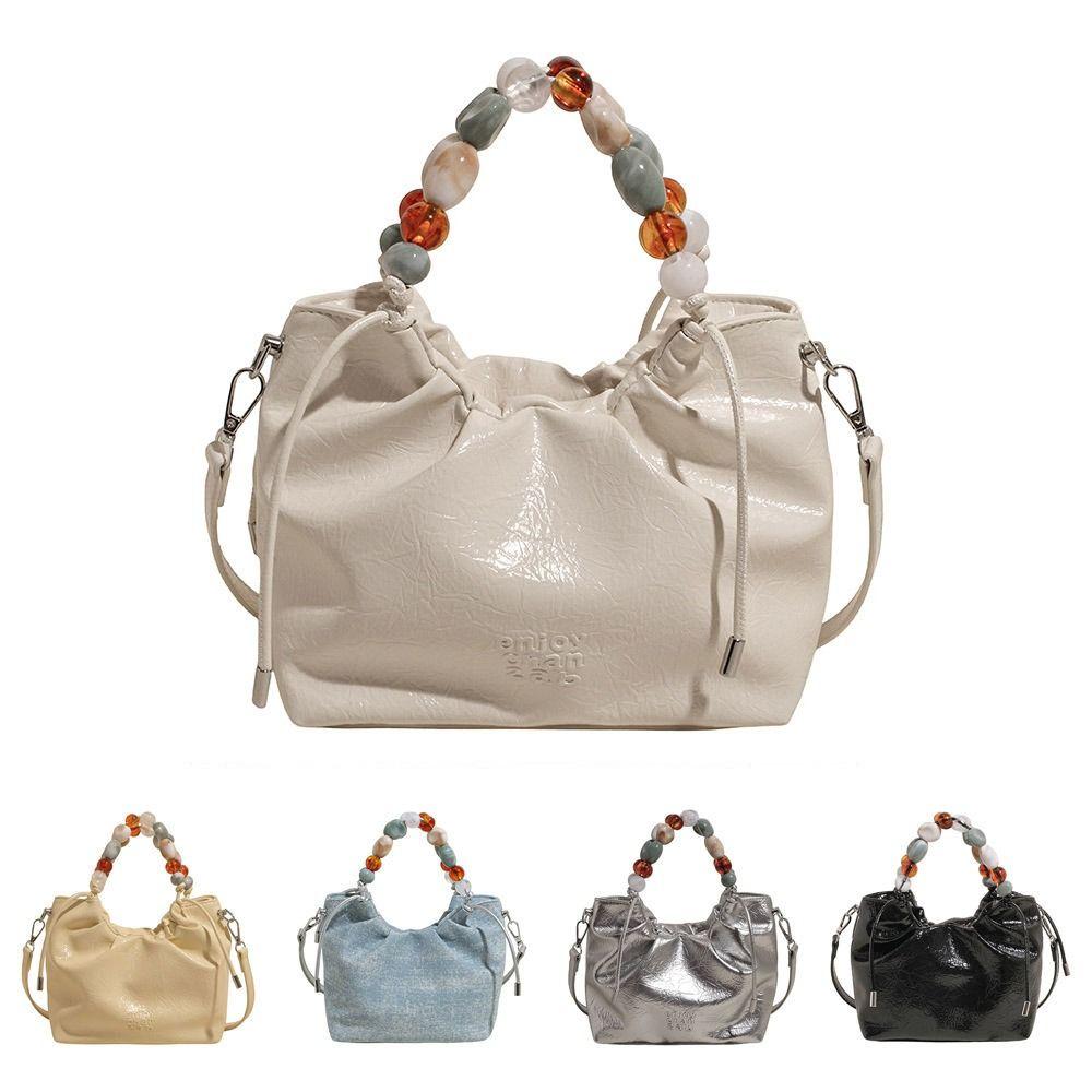 Tote Bag Beading Handle Shoulder Bag Crossbody Bag Women's Shoulder Bag Cute Silver PU Bag  Travel