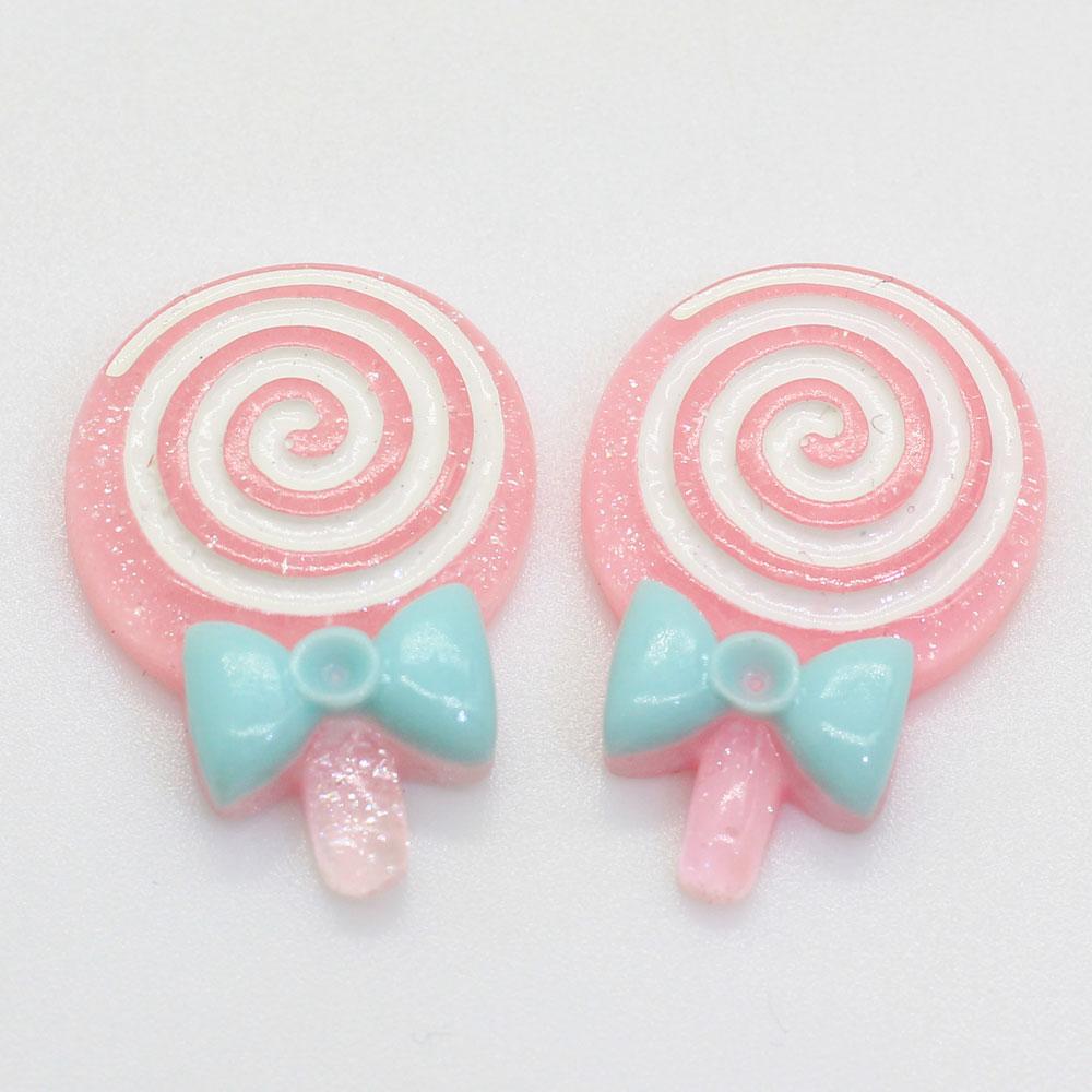 Mixed Color 100PCS Glitter Lolly With Bow Resin Lollipop Candy Scrapbook DIY Kawaii Cabochon