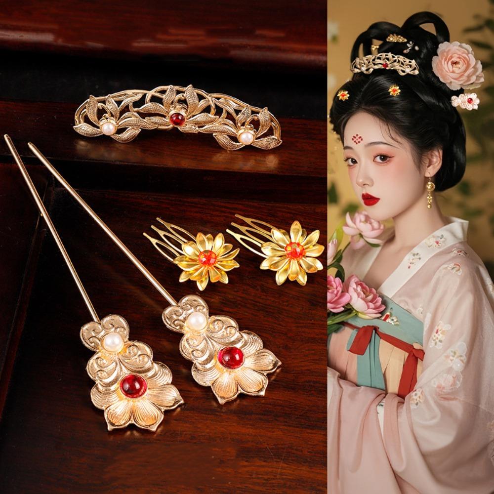 1 set Chinese Style Tang Dynasty Hairpin Classical Flower Hair Comb Ancient Hair Stick Jewelry