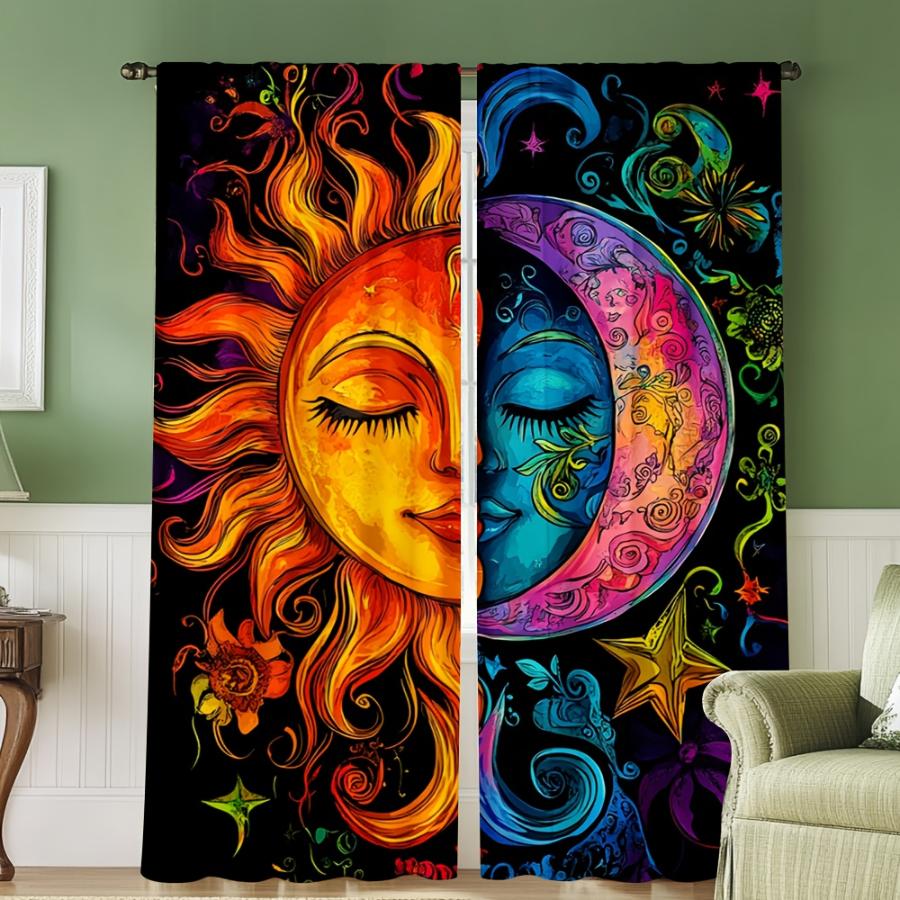 2 Pcs Digital Print Curtains Colorful Sun Moon Pattern Celestial Boho Decor For Living Room Bedroom Apartment Home