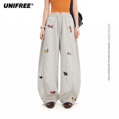 2026 Spring Preppy Cartoon Puppy Embroidered Loose Wide-Leg Casual Pants