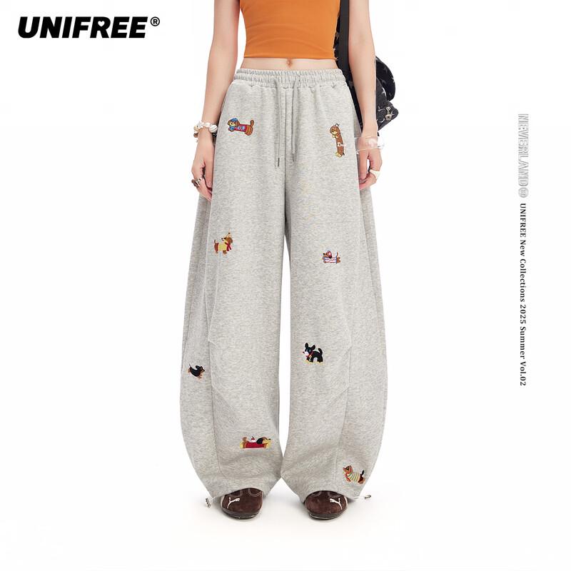 UNIFREE 2026 Spring Preppy Cartoon Puppy Embroidered Loose Wide-Leg Casual Pants