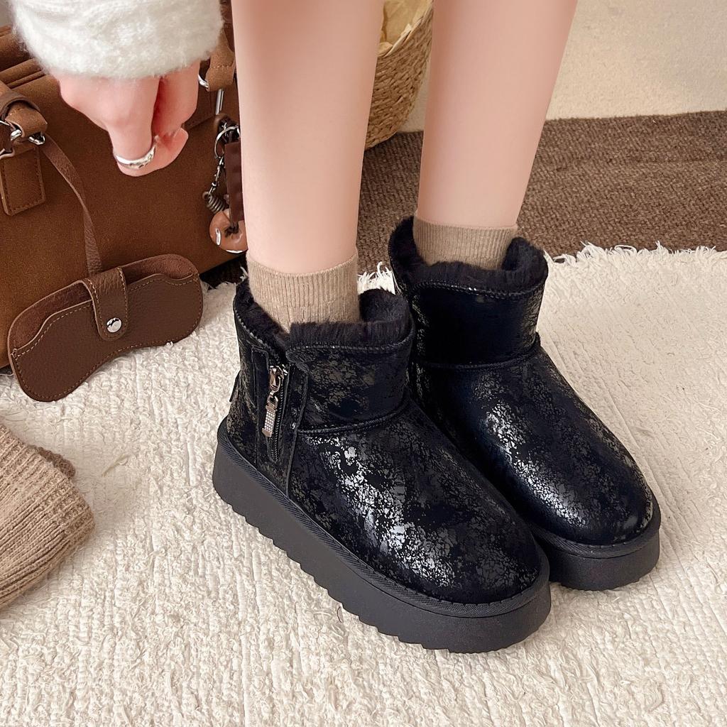 2025 Winter New Snow Boots Women's Korean Version of Round Head Retro Heightening Cotton Shoes Thick Sole Velvet Thickened Short Boots