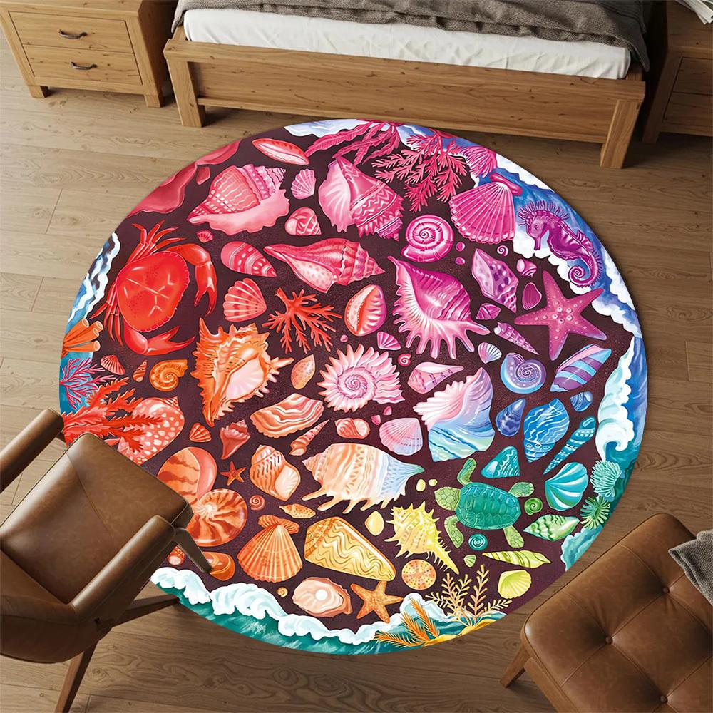 1pc Seashells, Oceanic Pattern Office Round Rugs, Under Chair Round Rugs for Living Room, Bedroom, Bathroom Decoration Carpet 091843
