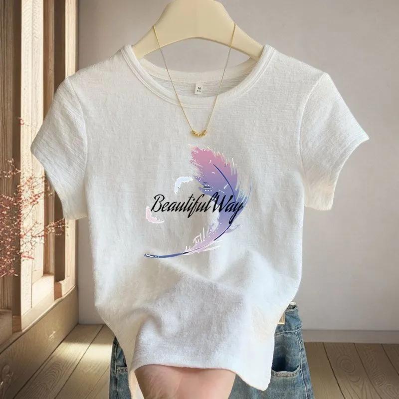 Summer Cotton Linen Round Neck Printed T-shirt Casual Short-sleeved Fashion New Style Slim Top