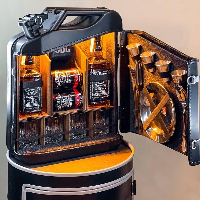 Mini Bar with Wooden Rack for Home Canister Bar Father's Day Gift Custom 20L Black Matte Fuel Metal Jerry Can