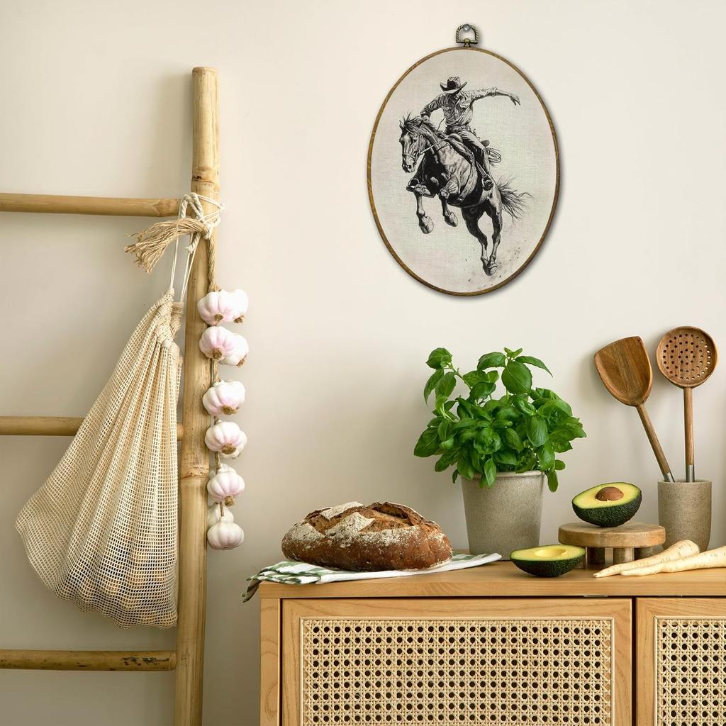 QZQE Vintage Western Cowboy Oval Wall Art Decor Framed, Rustic Country Cowboy Rodeo Oval Canvas Prints, Retro Western Horse Wall Hanging Decor for