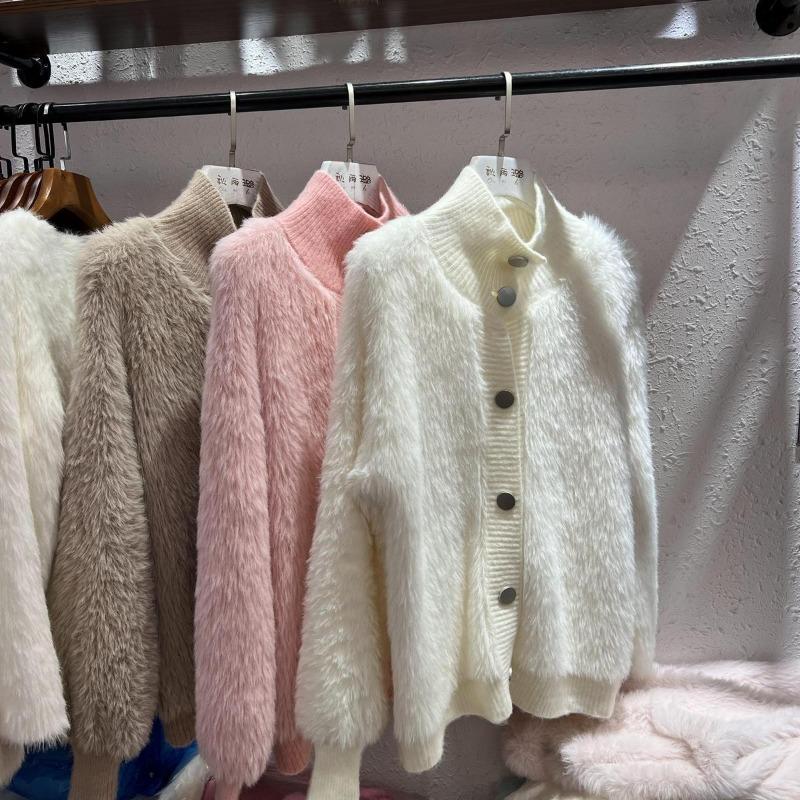 2026 Women Fur Faux Knitted Cardigan Sweater Jacket Korean Style Womens Sweaters Autumn Female Clothes Vinatge Knitwear V Neck Outfits