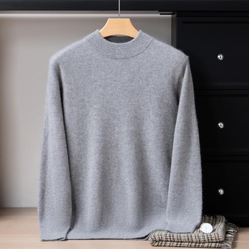 Men's 12-Gauge Double-Layer Cashmere Mock Neck Sweater, Long-Sleeved, Versatile Business Casual, Warm Knitted Base Layer