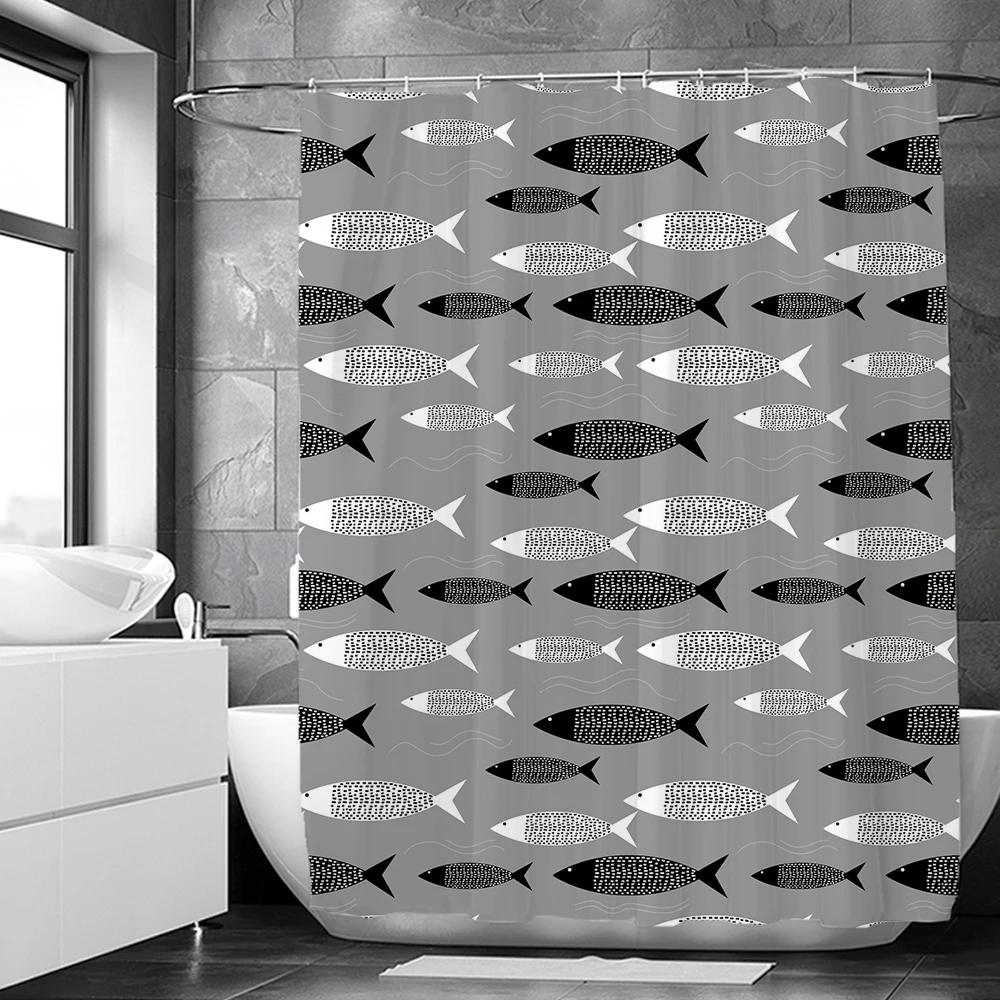 Dolphin Shower Curtain, Blue Underwater World Marine Life , Polyester Fabric Kids Ocean Theme Bathroom Decor Set with 12 Hooks
