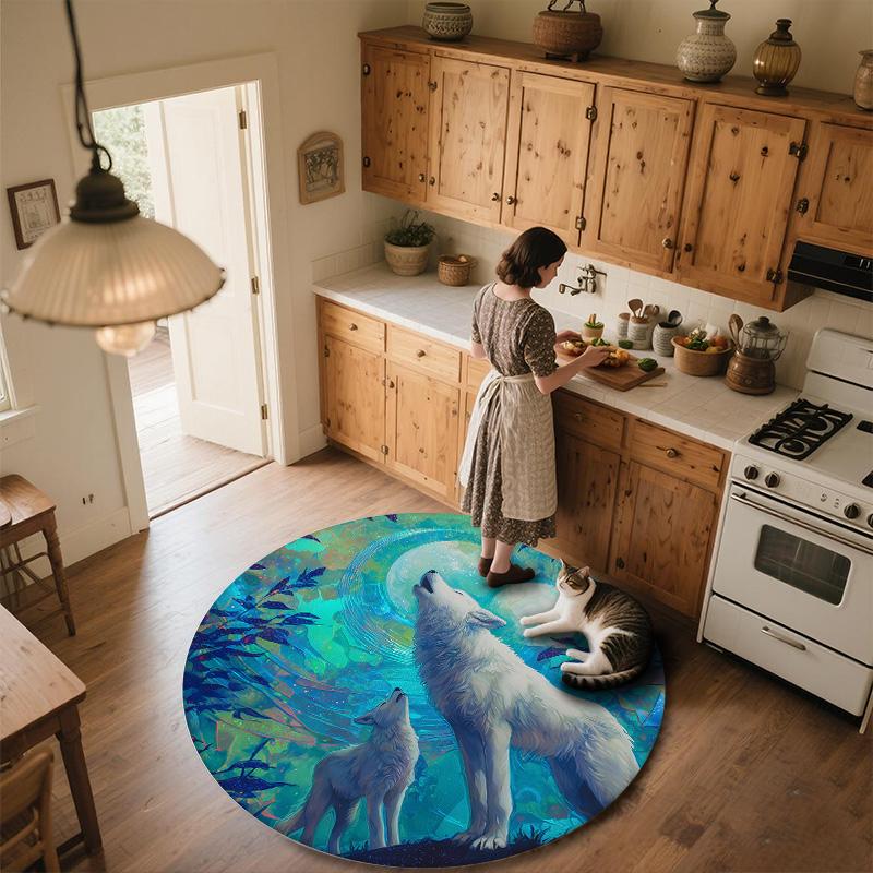 Two White Wolves,Round Area Rug,Carpet Rug for Living Room Bedroom Sofa Playroom Decor,Non-slip Floor Mat
