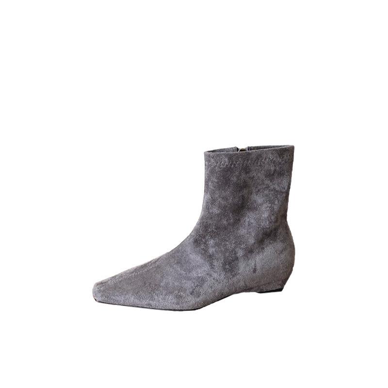 2025 Autumn and Winter New Korean Version Suede Thick Heel Thin Boots Wedge Heel Retro Small Square Head Rear Zipper Low Heel Short Boots Women