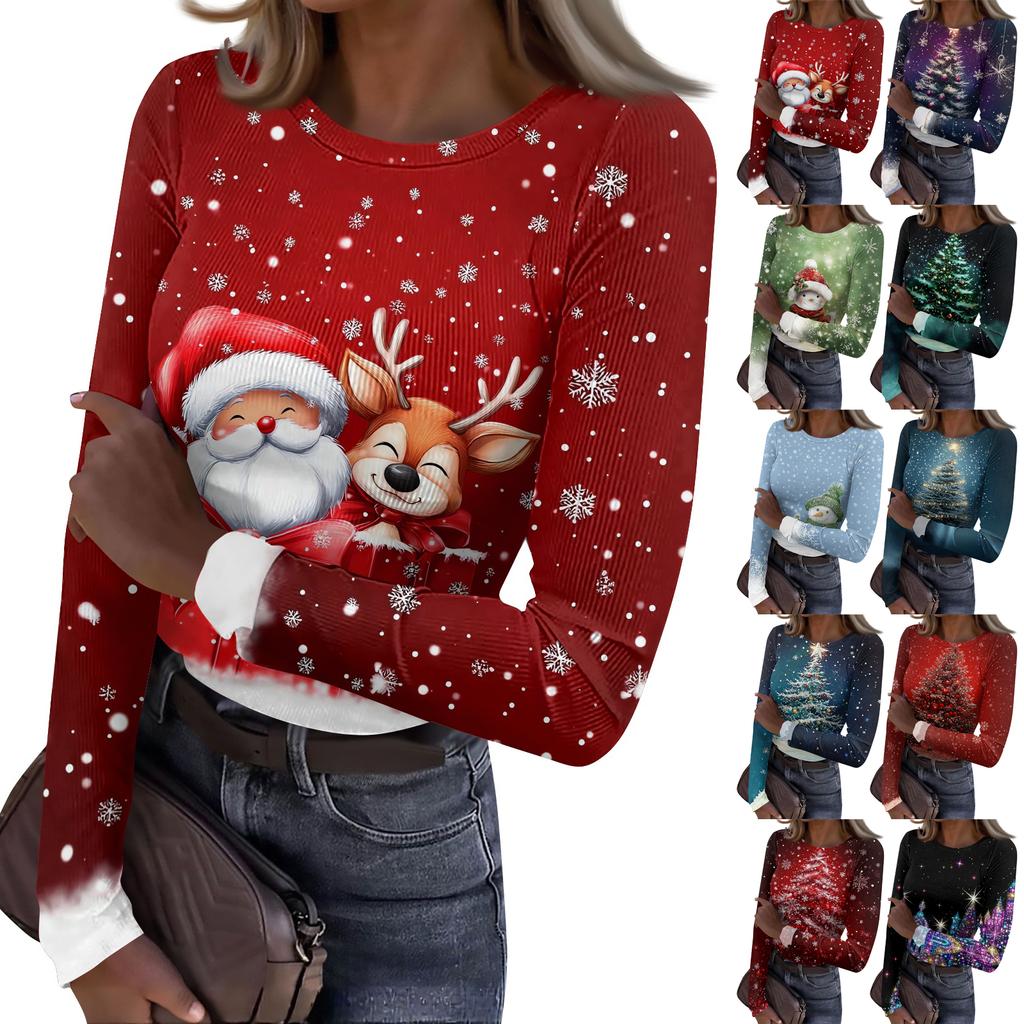 Women's Slim Fit Long Sleeve Base Layer T-Shirt with Christmas Print, Round Neck Pullover Top