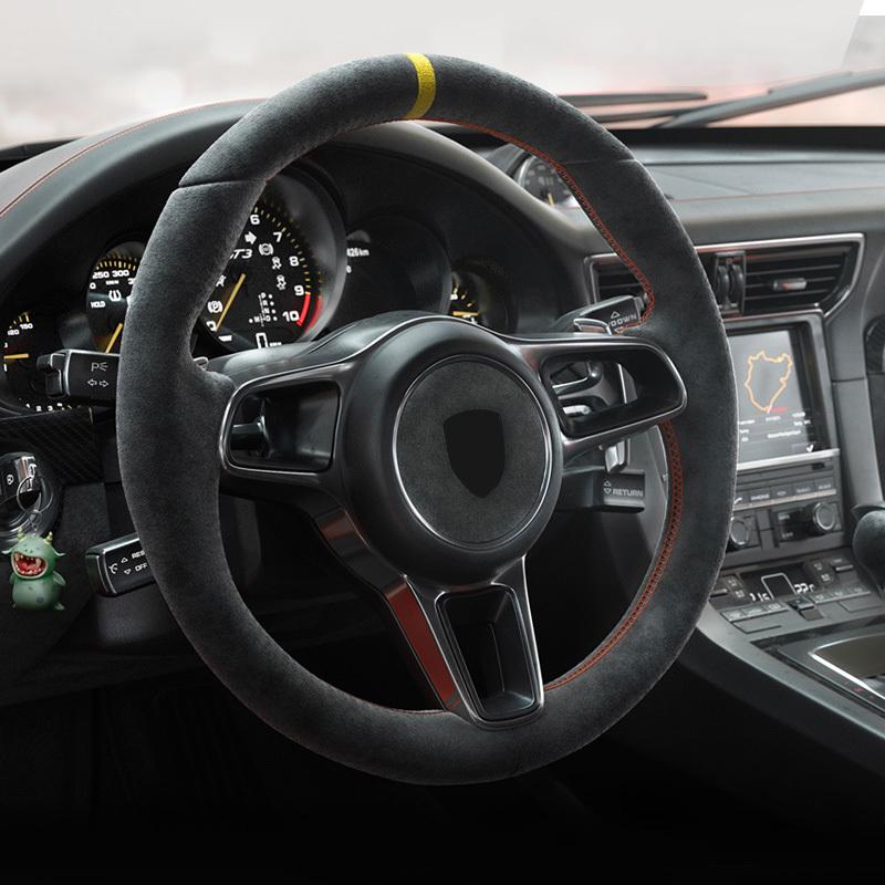Top Suede Car Styling Steering Wheel Center Label Sticker Decals For Porsche Panamera Macan Cayenne 718 911 Interior Accessories