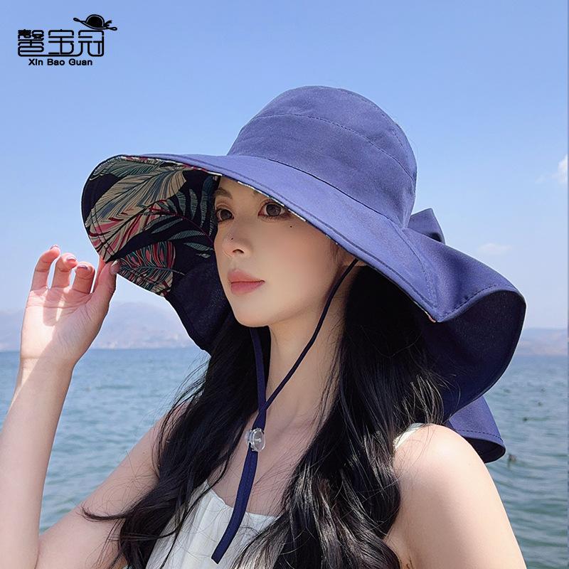 8548 Summer Sunscreen Visor Big Brim Shawl Bucket Hat Fashion Bow Empty Top Ponytail Hat Women