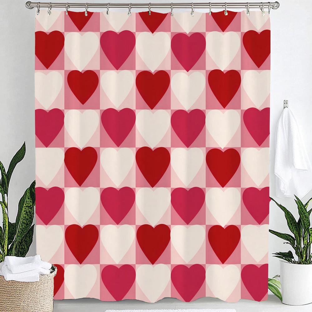 1Pc Heart Shaped Valentine S Day Shower Curtain - With Hooks Print Polyester Shower Curtain Bathroom Decoration Hanging Curtain