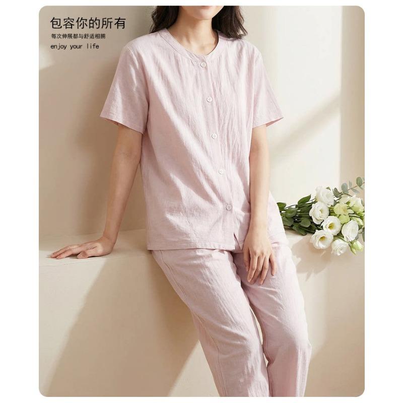 Women Cotton Thin Short Sleeve Long Pants Round Neck Casual Pajama Set Homewear