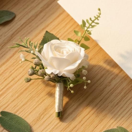 White Rose Boutonniere And Wrist Corsage Set European Rustic Silk Flower for Bride Bridesmaid Groom Groomsman Wedding Party Decor