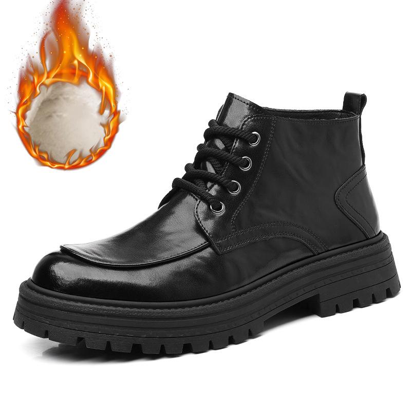 Fashion Outdoor Men High Top Leather Shoes Classic Black Leather Boots Motorcycle Breathable Riding Mid-calf Ankle Boots Warm Work Shoes