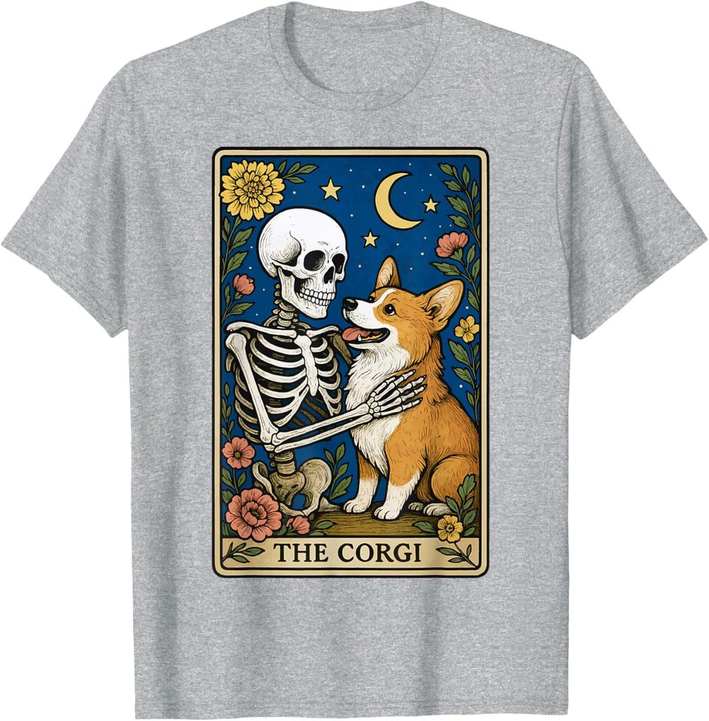 The Corgi Skeleton Tarot Card Graphic Print Cotton Round Neck Casual T-Shirt Men