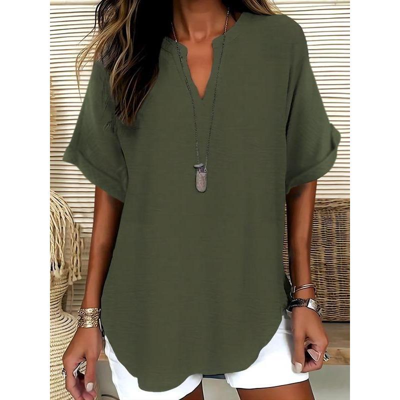 Summer Loose and Fashionable Pure Color V-neck Casual Women's T-shirts