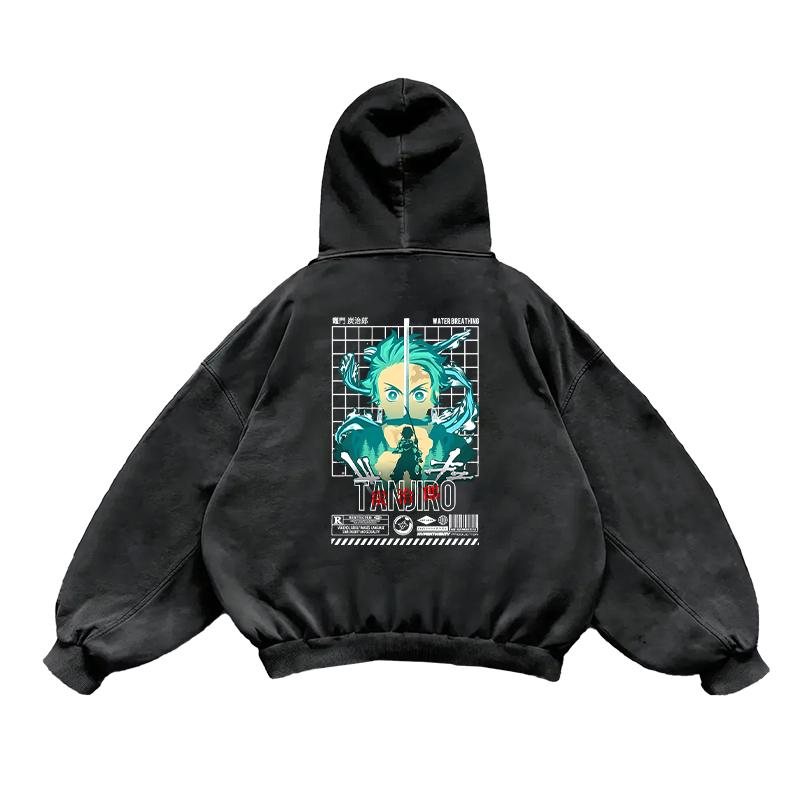 Anime Demon Slayer Kamado Tanjirou Cool Print Hooded Men Women Washed Cotton Hoodies Harajuku Male Kimetsu No Yaiba Sweatshirt