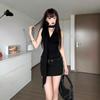 Next Saturday Female Summer American Spice Girl Hip Wrap Small Black Dress Neck Swinging Skirt Sexy Waist Black Dress