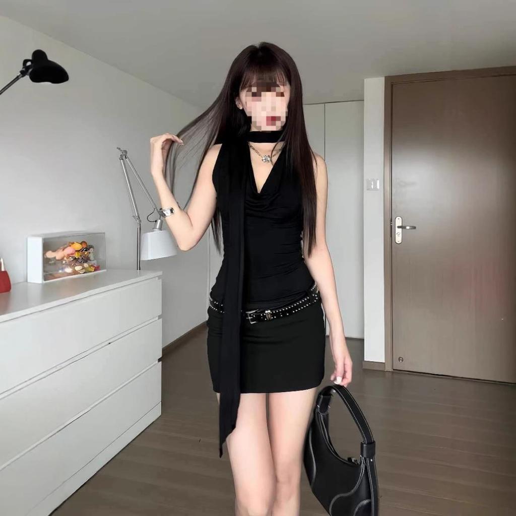 Next Saturday Female Summer American Spice Girl Hip Wrap Small Black Dress Neck Swinging Skirt Sexy Waist Black Dress
