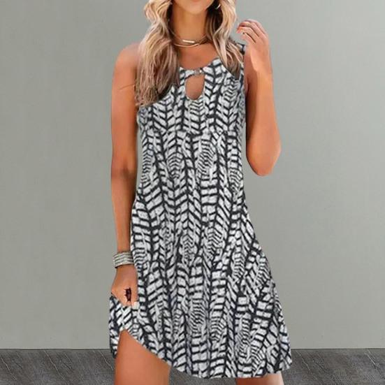 O-Neck Sleeveless Front Hollow Summer Dress A-Line Loose Hem Bohemia Retro Printing Women Mini Dress