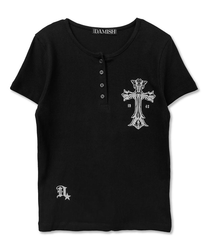 Damiswi Gothic Cross Henley Neck Short Sleeve_Black