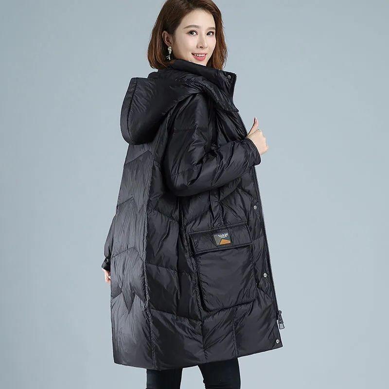 Winter Women's Long Hooded Parka - Detachable Thicken Loose Padded Jacket with Zipper Pockets, Warm Snow Wear