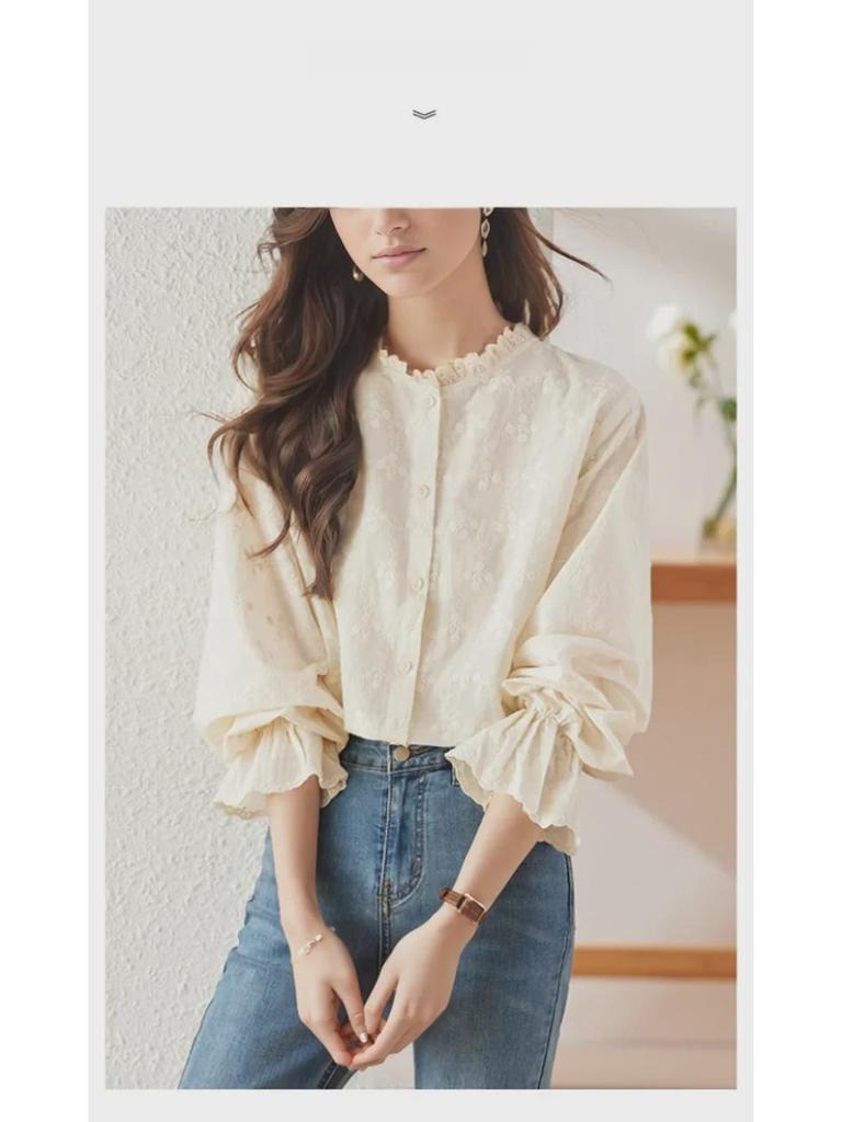 Apricot Embroidered Women's Long Sleeve Cotton Shirt with Lace Collar for Spring & Autumn 2025