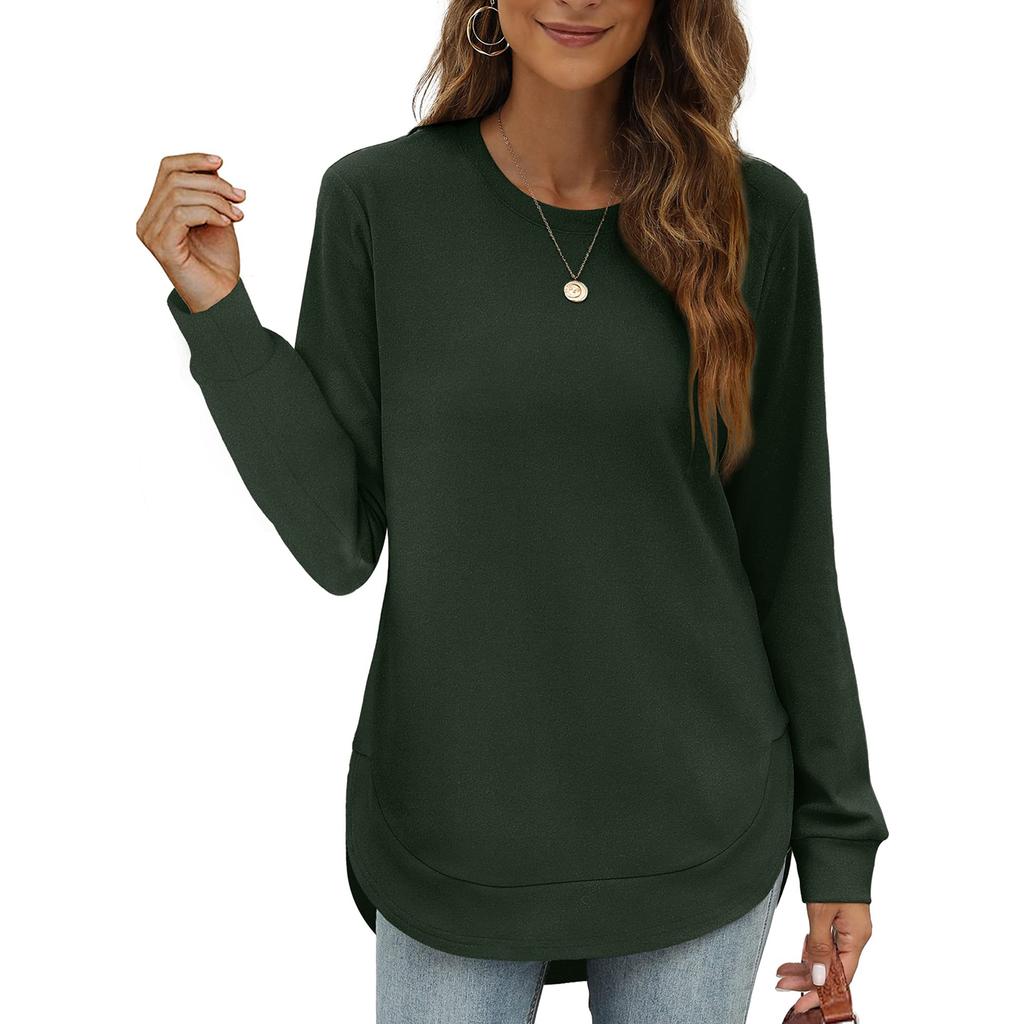 Women's Casual Fashion Round Neck Loose T-Shirt Solid Colour Long Sleeve Top