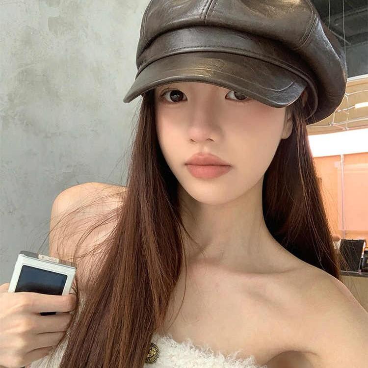 Spring and Autumn New Hat Women's Retro PU Leather Hat Fashionable Casual Face Small Octagonal Hat British Style Literary Newspaper Boy Hat