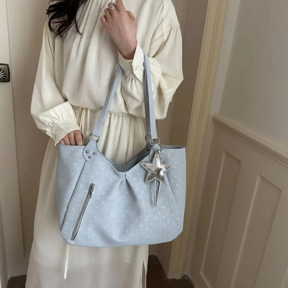 Shoulder Tote Bag Korean Polka Dot Retro Cute Zipper Vintage Large Capacity Underarm Casual Daily New forWomen Shopping Work