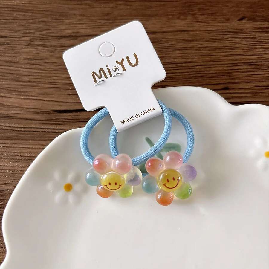 

2 шт. Мультяшные эластичные резинки для волос с подсолнухом для девочек, милые прозрачные детские резинки для волос, детские головные уборы, аксессуары для волос