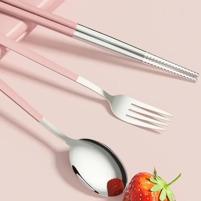 304 Stainless Steel Tableware Set Portable School Outdoor Travel Picnic Cutlery Set Spoon Fork Chopstick with Cute Storage Box