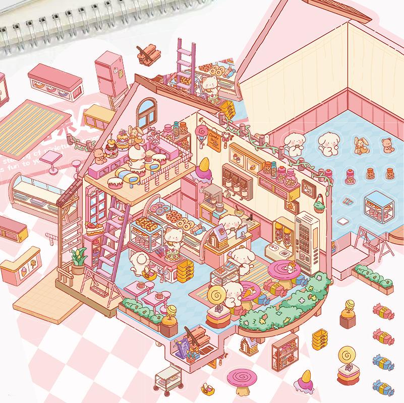 

Мультяшный пейзаж наклейка сакура горячий источник дом саке миниатюрный мир 3D трехмерный дом распаковать DIY сцена руководство