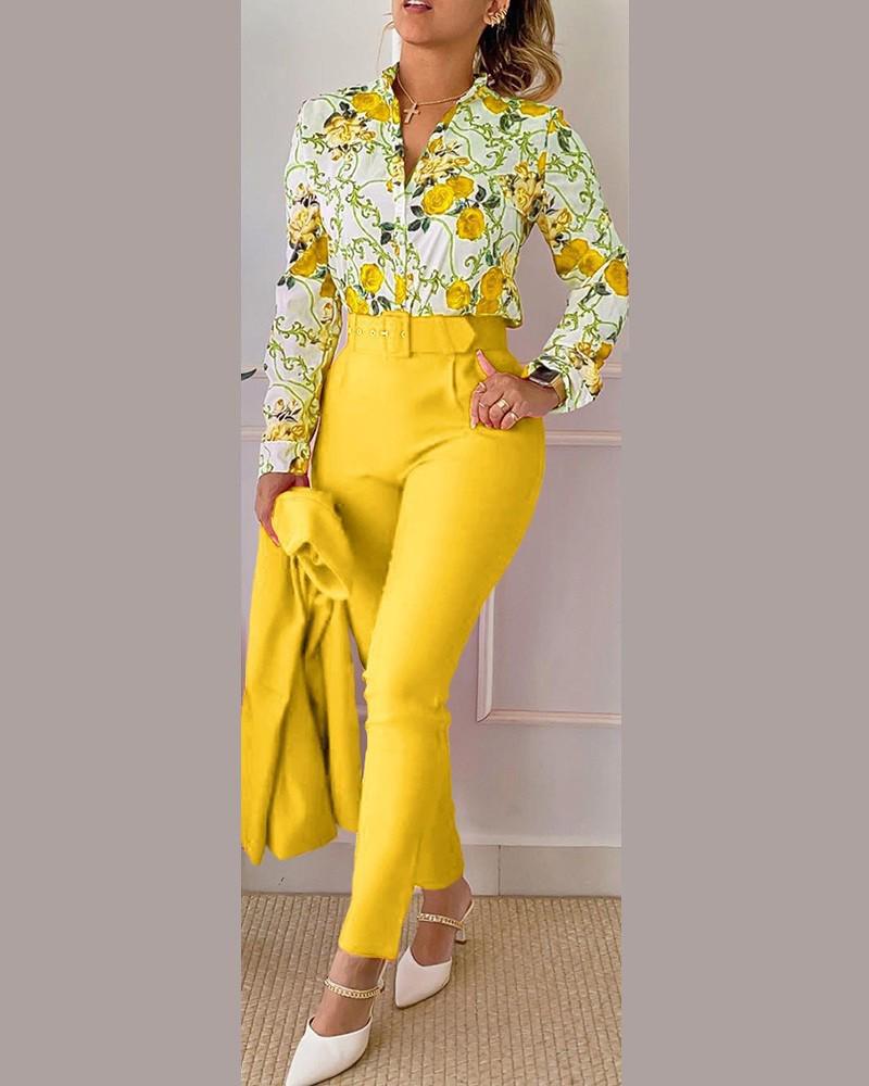 Printed Long-Sleeve Top & Solid Color Pants Suit with Belt