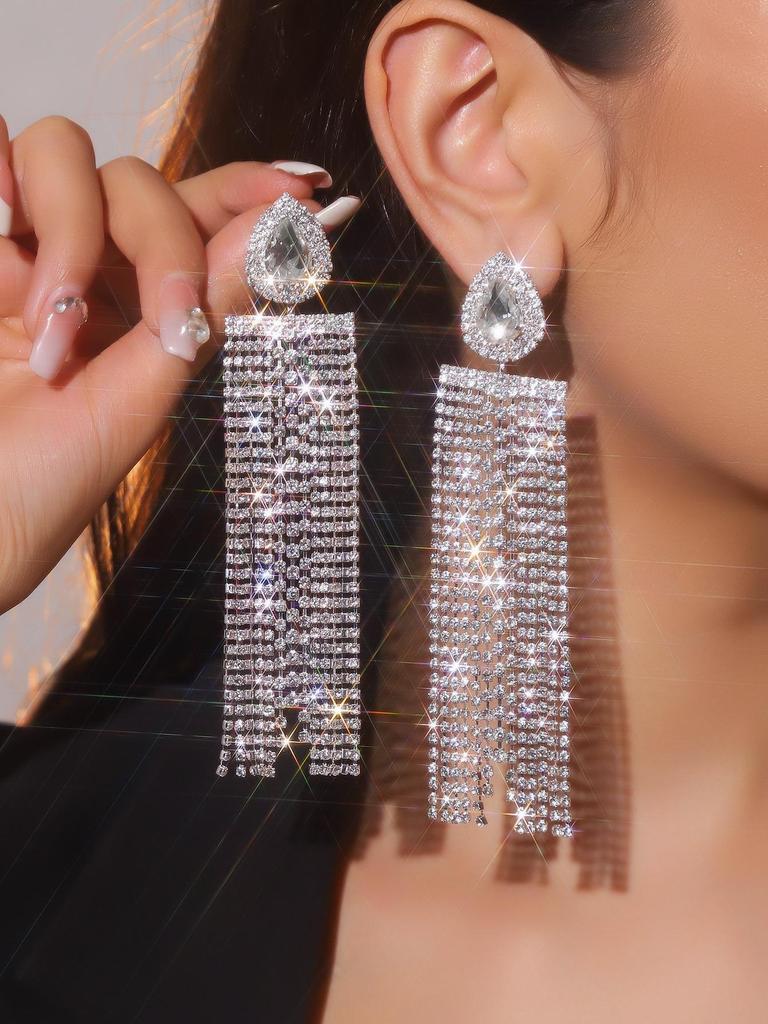 Luxury Rhinestone Tassel Clip-On Earrings for Women - Bridal Accessories
