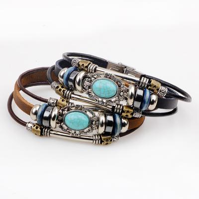 Bracelet en Cuir Rétro, Bracelet de Mode DIY Style Cour en Cuir de Vache, Bracelet Style Antique avec Pierre de Lave Noire et Perles en Bois