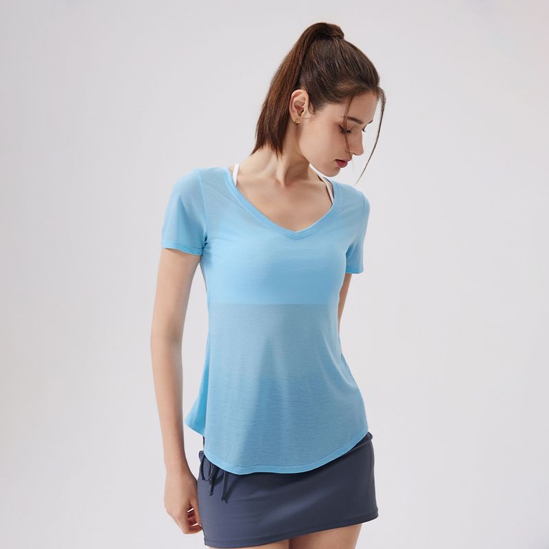 

Lightweight Breathable Yoga Short Sleeve Women s Slim Looking Athleisure Workout Top Loose Vest Blouse Mesh Thigh-Length Elastic Brine Blue XL